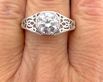 Sterling CZ Filigree Ring Rhodium Finish Size 10 Signed Vintage Deco Style 925