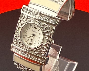 Viviani Women’s Vintage Quartz Watch – Ornate Silver-Tone with Rhinestones – Japan Movement - New Battery