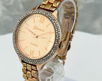 Geneva Platinum Rose Gold Tone Women’s Watch Rhinestone Bezel 40mm New Battery 7.375” Bracelet