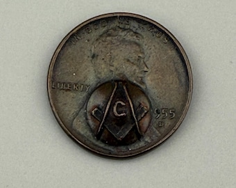 Masonic Penny | 1955-D Lincoln Wheat Penny | Square and Compasses G | Freemason Lodge Token Pocket Piece