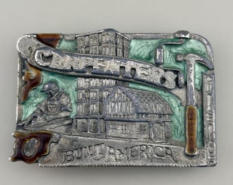 1983 Siskiyou Carpenters Built America Belt Buckle • Pewter Tradesman Tool Scene • Occupational Carpenter Gift • Fits 1.5” Belt