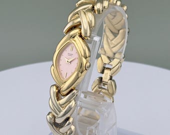 Vintage Pulsar by Seiko Pink Dial Bracelet Watch Gold Tone Ladies Quartz Watch 1991 Jewelry Style Watch