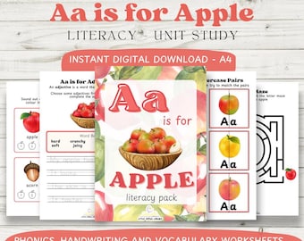 Aa es para Apple Literacy Pack / Descarga digital / Preescolar / Educación temprana / Imprimibles / Fonética / Lectura / Escritura / Recursos