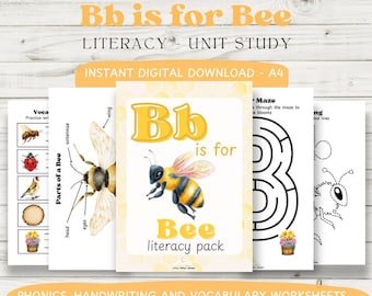 Paquete de alfabetización "Bb is for Bee" / Descarga digital / Preescolar / Educación temprana / Imprimibles / Fonética / Lectura / Escritura / Recursos