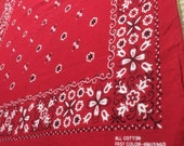 1960 39 s red Bandana 20.5x20.5 All Cotton Fast Color made in USA Selvedge Tulips Flowers Dots Swirls initials JM very used worn soft 65