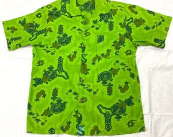 1960s Hawaiian Aloha shirt tag size XL made in Hawaii tribal tiki island map surfer lime green