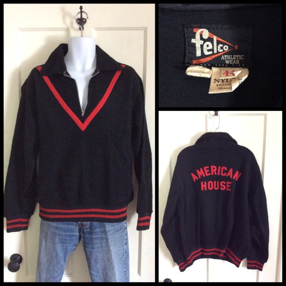 Vintage 1950s half zip Fleece Pullover Black Red C