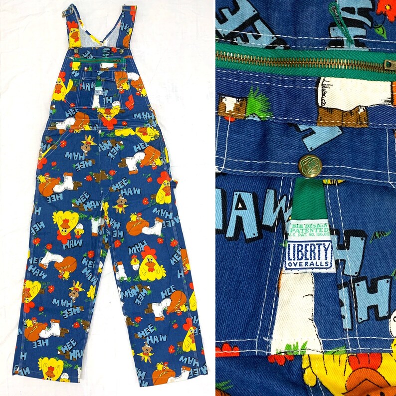1970s Hee Haw novelty print denim carpenter overalls size Etsy