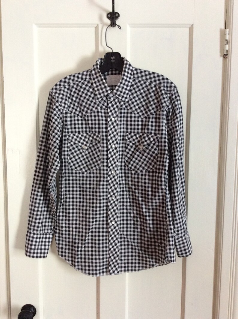 1950/'s Vintage Black and White Gingham Check Cowboy Western Shirt with silver thread looks size Small HBarC California Rancher Textured