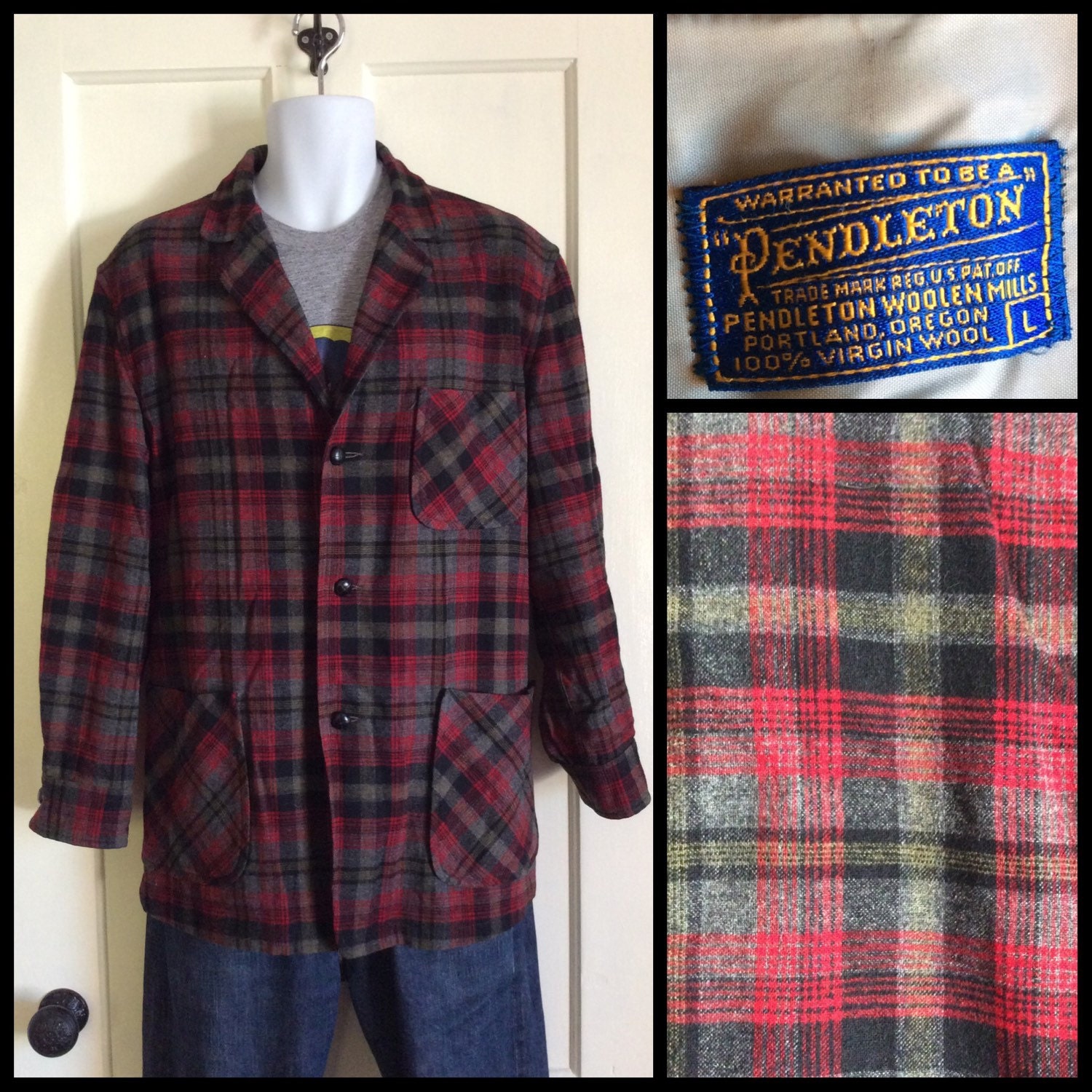 1950s Pendleton Rockabilly Plaid Wool 49er Jacket Coat size Large red ...