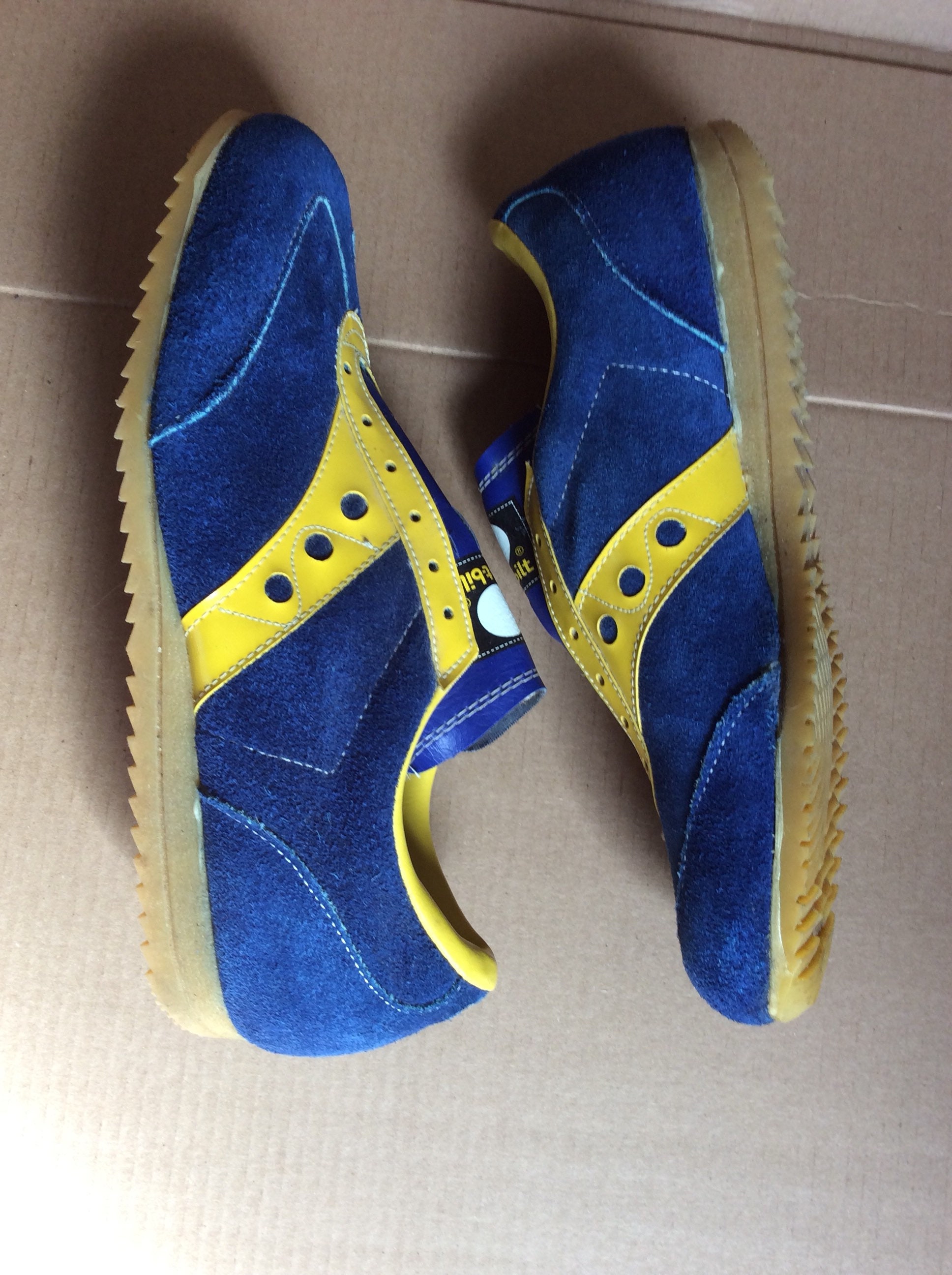 1970s suede leather track shoes sneakers size 11.5 blue yellow striped ...