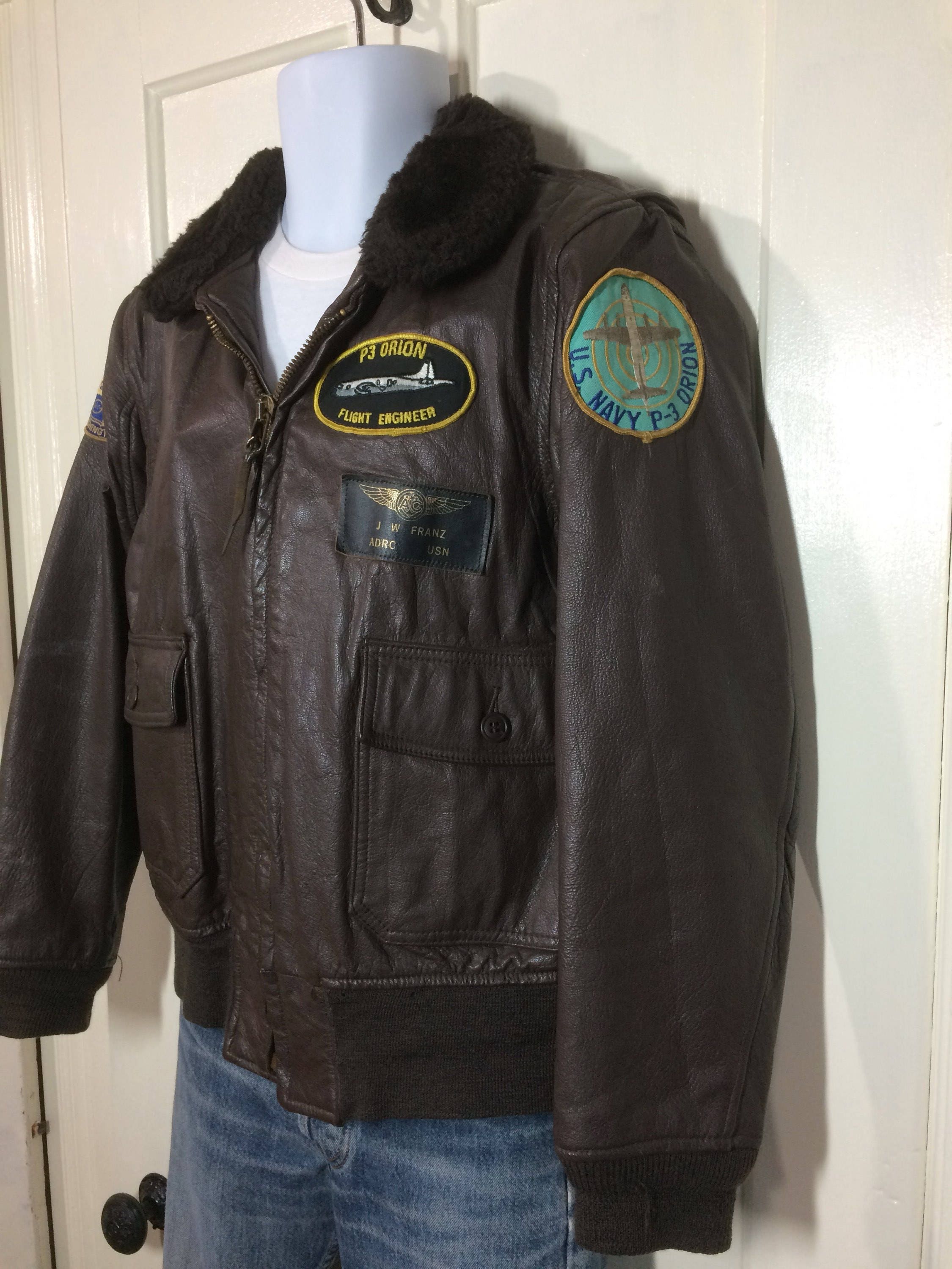 1970 S Usn G1 Goatskin Leather Er Flight Jacket Brown Size 42 By 1970 S Usn G1 Goatskin Leather Er Flight Jacket Brown Size 42 By Brill Bros Us Navy Military 7823e As With Patches Orion Engineer Franz
