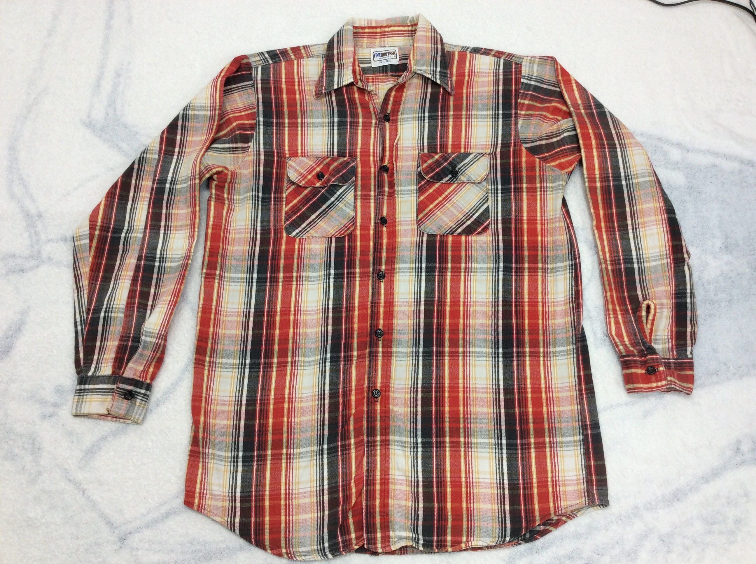 1970s Five Brother heavy cotton flannel shirt size large red black tan gray plaid work workwear