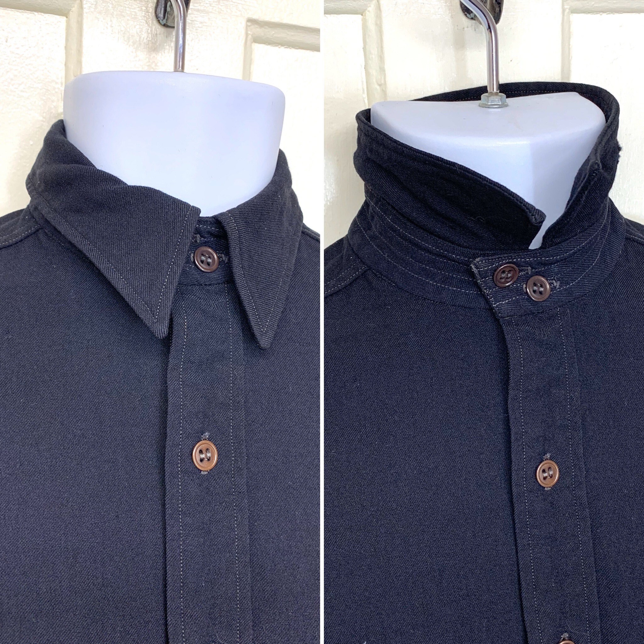 1930s black thin wool work shirt with partial chin strap looks XS to