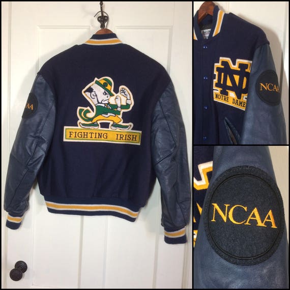 Notre Dame Fighting Irish NCAA varsity wool faux leather sleeves letterman stadium bomber jacket college sports navy blue size 42 patches Notre Dame Fighting Irish NCAA varsity wool faux leather sleeves letterman stadium bomber jacket college sports navy blue size 42 patches