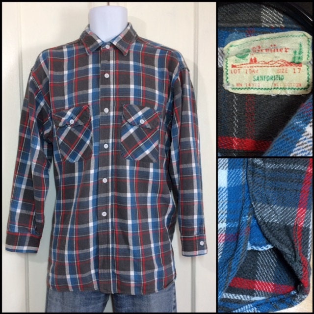 1960s 5 Brother faded flannel work shirt size 17 XL Sanforized gussets ...