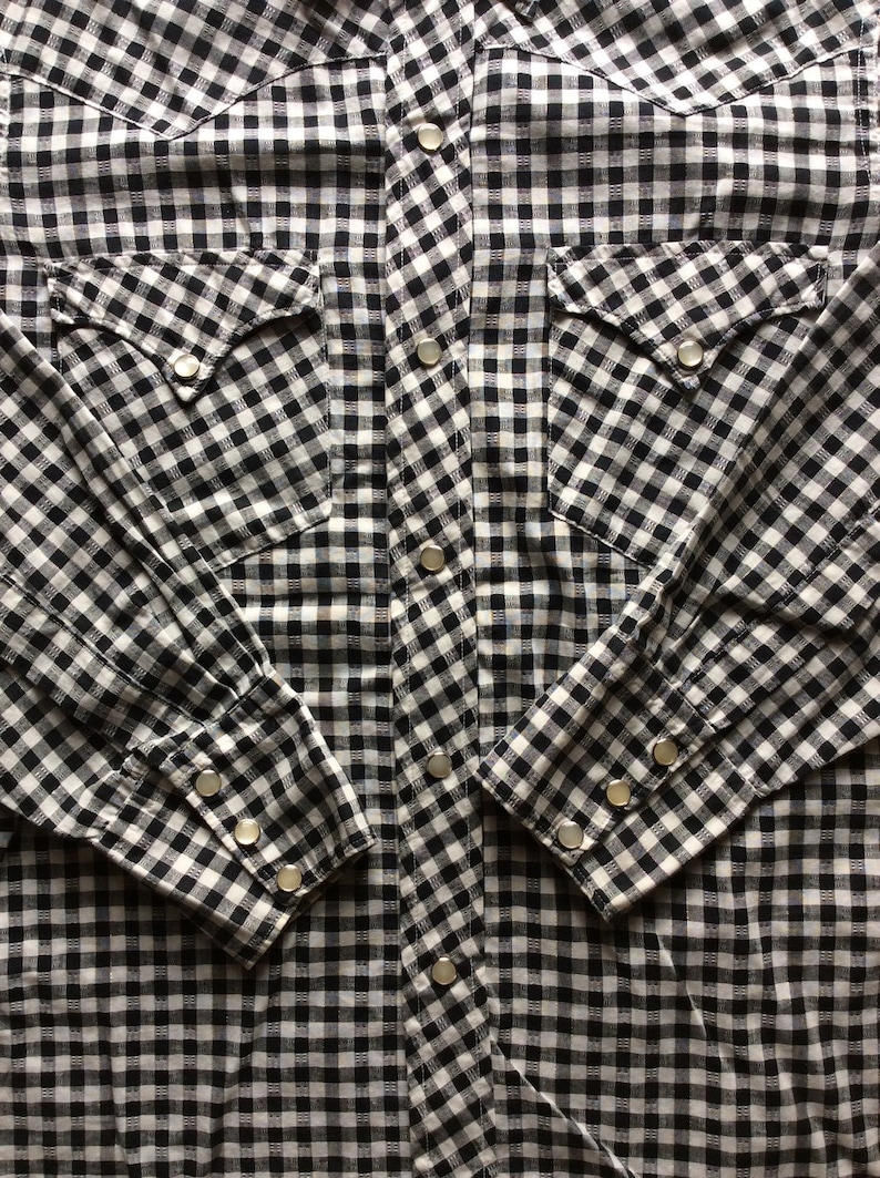 1950/'s Vintage Black and White Gingham Check Cowboy Western Shirt with silver thread looks size Small HBarC California Rancher Textured