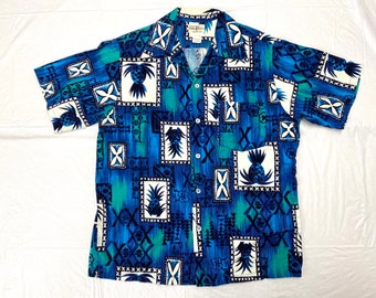1960s Hawaiian tiki patterned barkcloth shirt tag size L, looks M Hukelau Fashions Honolulu Hawaii pineapple abstract tribal surfer