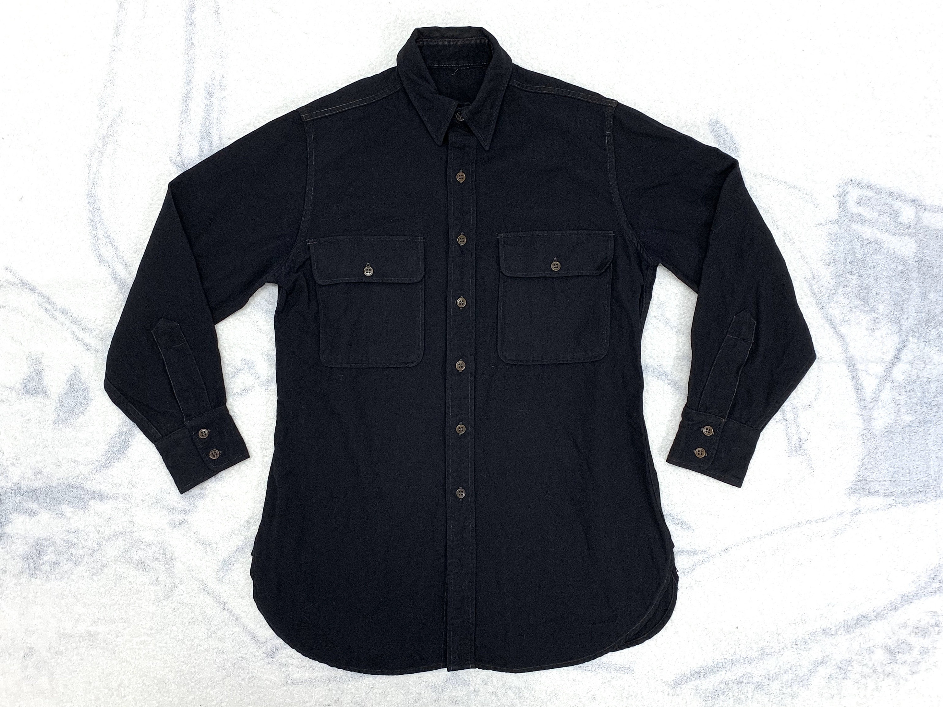 1930s black thin wool work shirt with partial chin strap looks XS to