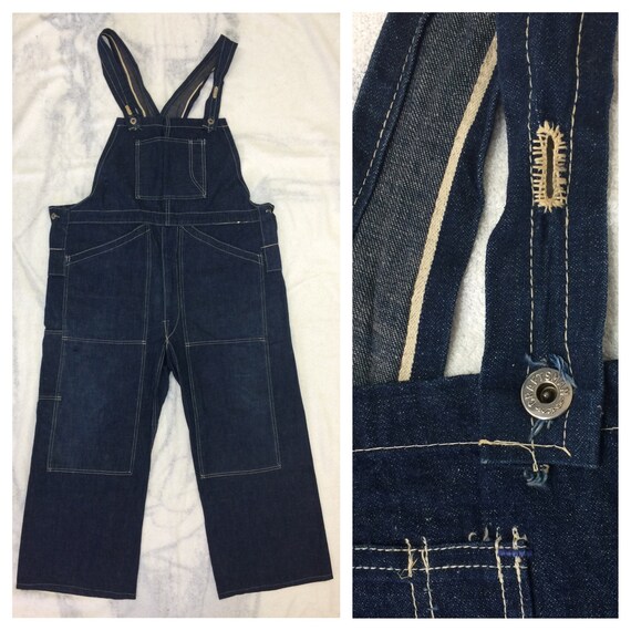 1920s 1930s indigo blue wide leg 1 pocket bib over
