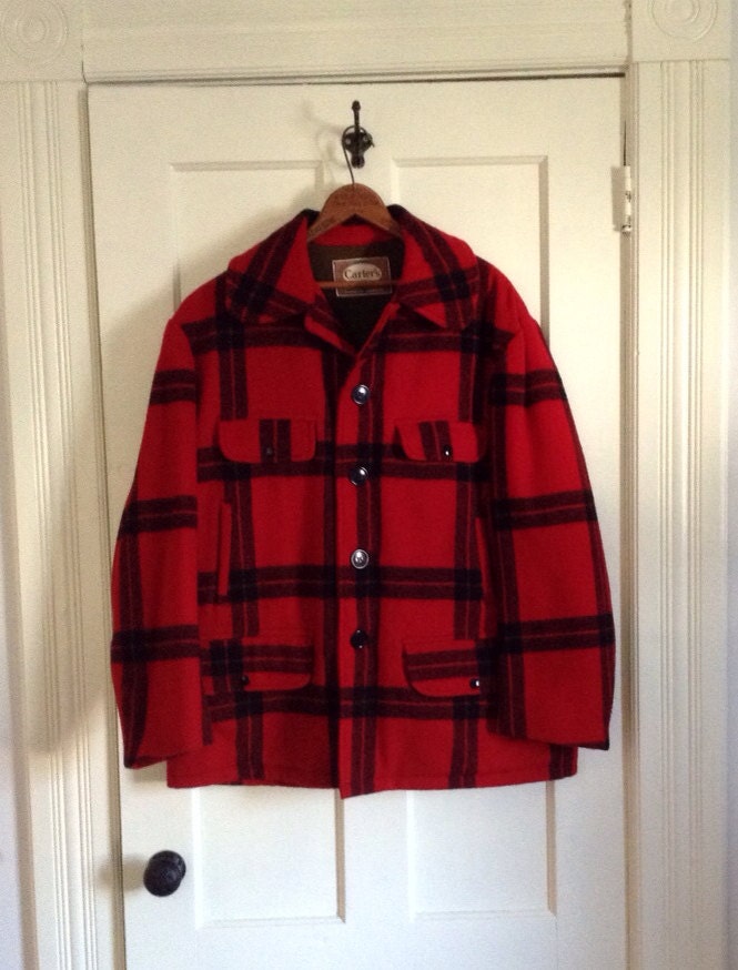 1950s Carter's Plaid Wool Hunting Jacket Coat size 42 Large Red Black ...