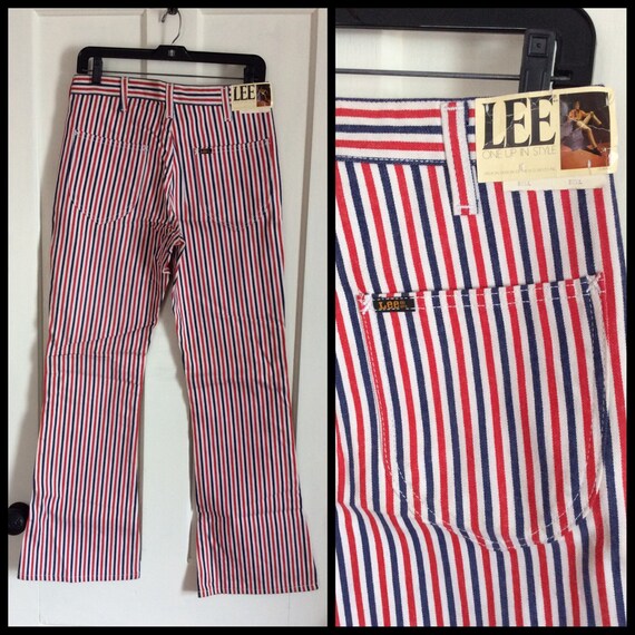 blue and white striped bell bottom jeans