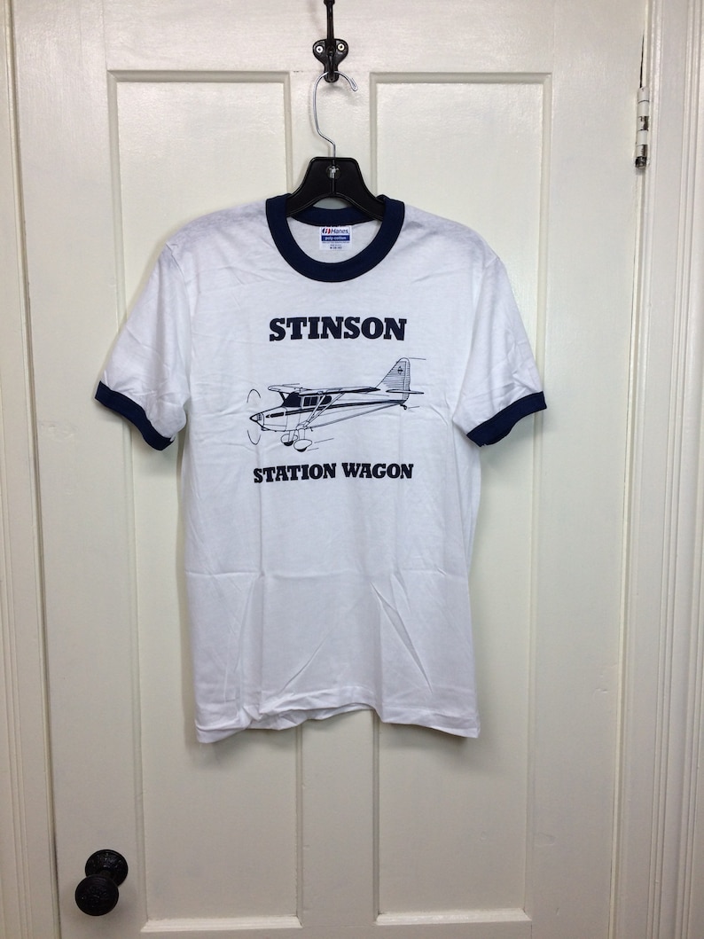 deadstock 1980s Stinson Station Wagon vintage airplane t-shirt size M or L pilot aircraft thin white ringer tee Hanes made USA NOS Pick one