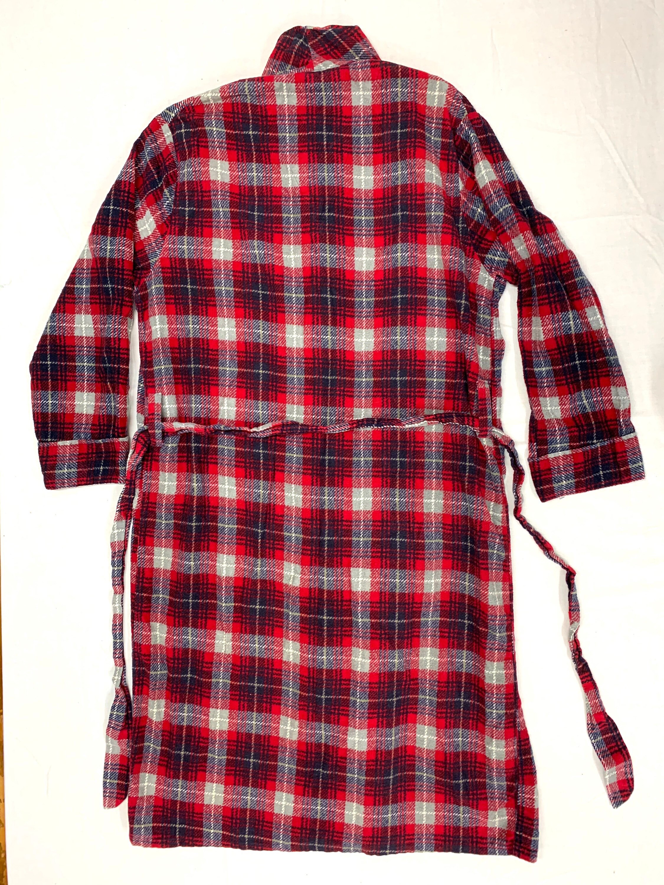 1950s cotton flannel plaid smoking jacket robe size large red gray ...