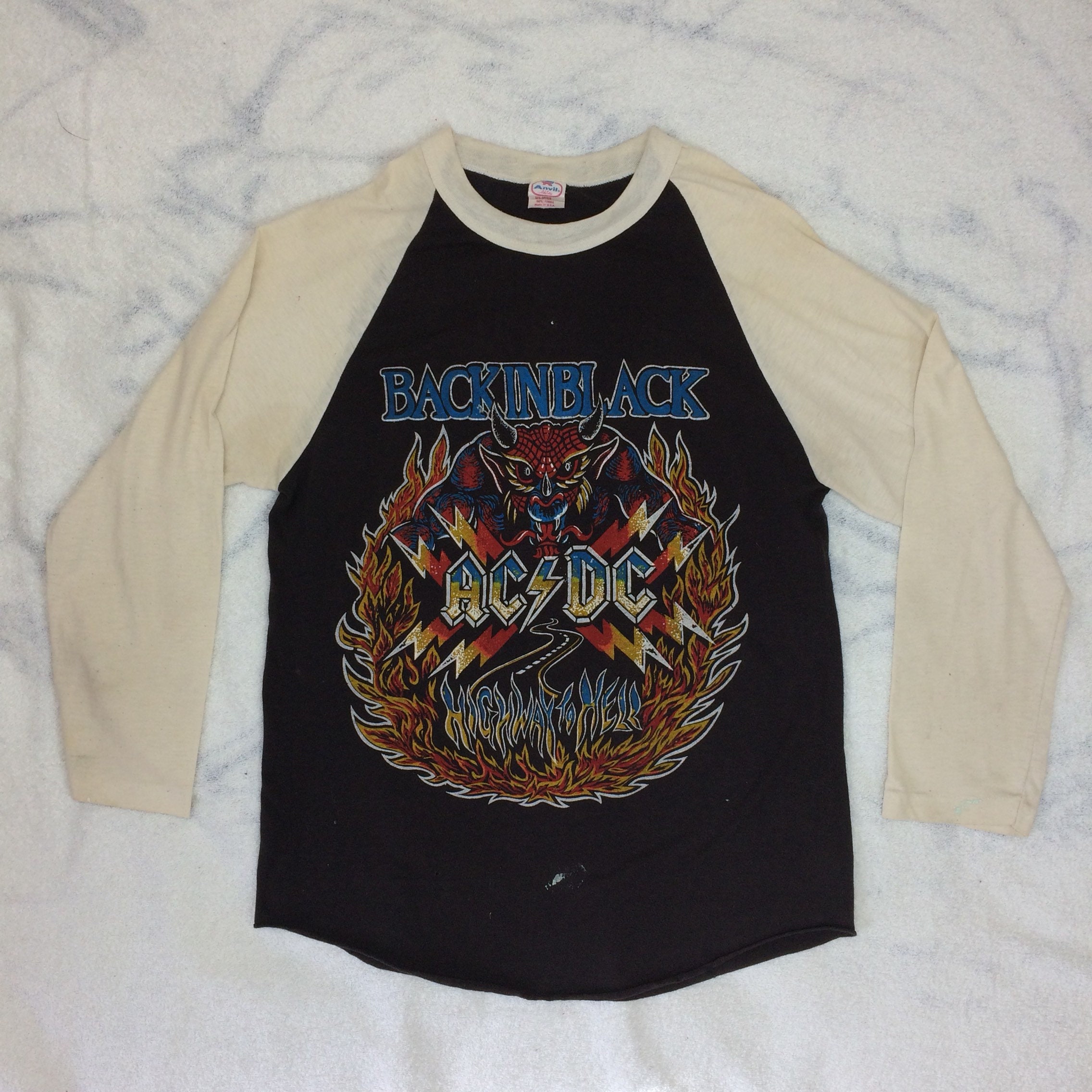 1980 Ac Dc Highway To Hell Back In Black Baseball T Shirt Size Large Looks Medium 18x25 Off White Sleeves 2 Tone Hard Rock 1970s Band Tee