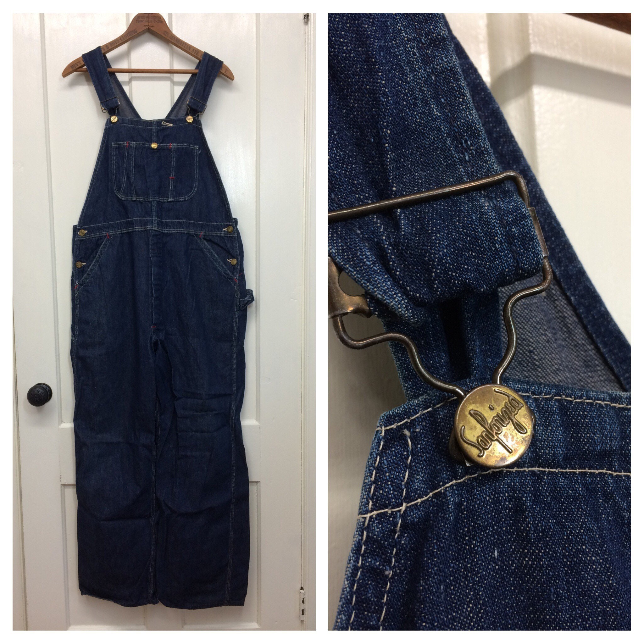 1950s indigo blue denim Sanforized overalls size 38x28 donut hole