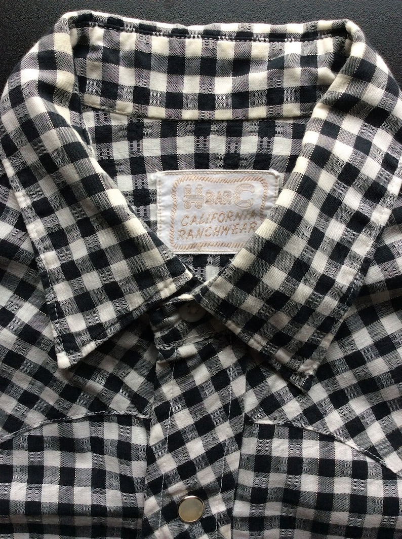 1950/'s Vintage Black and White Gingham Check Cowboy Western Shirt with silver thread looks size Small HBarC California Rancher Textured