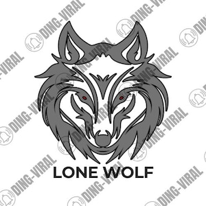 Könnte beinhalten: Ein stilisiertes Design eines grauen Wolfskopfes mit roten Augen und dem Text "LONE WOLF" in Schwarz. Das Design ist symmetrisch und weist scharfe Linien und komplizierte Details auf, geeignet für Kleidung oder Grafikdesign.