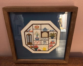 Vintage Hand Embroidered Wall Art featuring Plants and Household Items