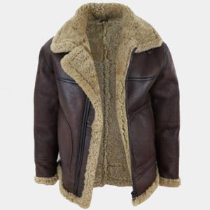 Men&#39;s B3 RAF Aviator Bomber Jacket – Real Sheepskin Shearling Leather Flight Coat – Brown Winter Pilot Jacket
