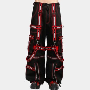 Handcrafted Men&#39;s Reflective Cargo Pants Black & Red Straps Punk Rock Tripp Pants Alternative Streetwear