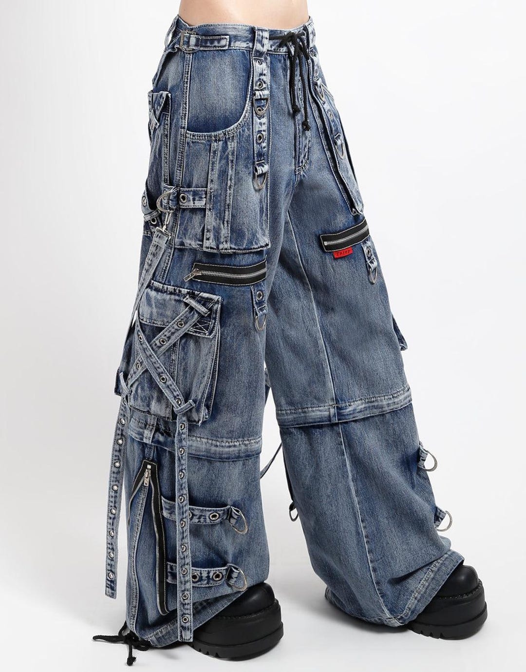 Indigo Fog Wash Techwear Cargo Pants With Buckle Straps