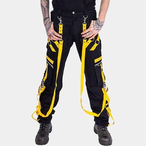 Handcrafted Unisex Gothic Cyberpunk Cargo Pants Black & Yellow Straps Punk Rock Tripp Pants Alternative Streetwear