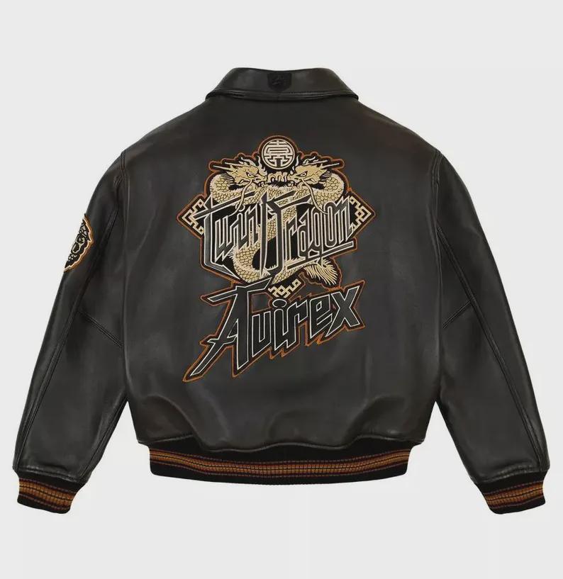 Handmade Men's Avirex Black Bomber Twin Dragon Limited