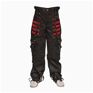 Handcrafted Black & Red Cyber Chain Trousers Pant, Handmade Men Cyber Chain Gothic Pant, Unisex Gothic Cotton Punk Cargo Pockets Gothic Pant