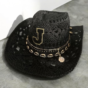 Sombrero negro de vaquero de playa, sombrero personalizado, vacaciones costeras personalizadas