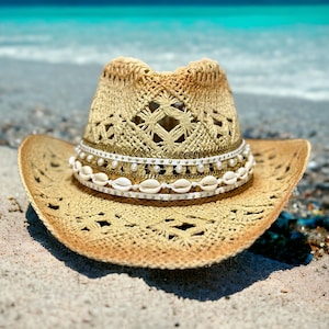 Sombrero de vaquera costera personalizado Sombrero de vaquera de paja con cuentas para vacaciones en la playa
