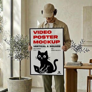Puede incluir: Un póster rectangular en un marco negro con el texto rojo VIDEO POSTER MOCKUP, VERTICAL & SQUARE, DIN A FORMAT, 9:16 | 1:1, PSD, SMART OBJECTS y una ilustración de un gato negro con un portátil, sostenido por una persona con gorra beige.