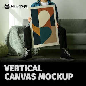 Vertical Canvas Mockup Held by Person Modern Living Room Scene, PSD for Poster & Print, Simple Canvas Template For Paintings DIN A Ratio
