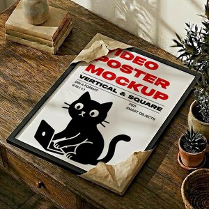 May include: A black framed poster mockup featuring a white background with red text that reads VIDEO POSTER MOCKUP VERTICAL & SQUARE DIN A FORMAT 9:16 | 1:1 PSD SMART OBJECTS and a black graphic illustration of a cat sitting at a laptop computer.