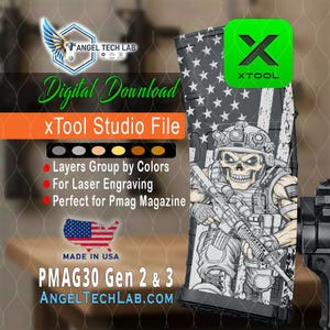 Archivo de grabado láser xTool F1U-F2U / Diseño de calavera enojada con la bandera de EE. UU. para PMAG30 (descarga digital)