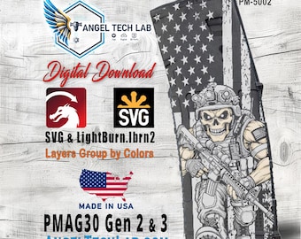 Angry Skull USA Flag Pmag30 Engraving Design SVG | LightBurn Laser File | Vector SVG Download