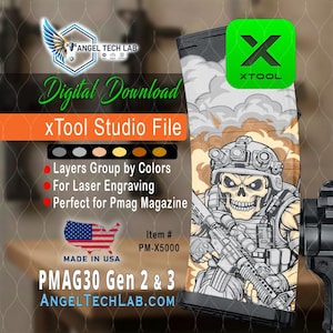 May include: Digital download for xTool Studio File. The design features a skull soldier graphic. The text includes "Layers Group by Colors", "For Laser Engraving", and "Perfect for Pmag Magazine". The item number is PM-X5000. Made in the USA.