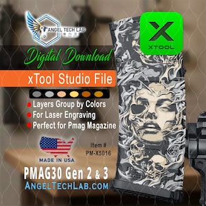 May include: Digital download of an xTool Studio file for laser engraving. The design features a skull-themed graphic in black, white, and gray. The text includes "Layers Group by Colors" and "Perfect for Pmag Magazine". Made in the USA.