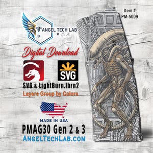 May include: A digital download featuring a detailed illustration of an Alien creature. The design is in shades of brown and grey, with the text "PMAG30 Gen 2 & 3" and "ANGELTECHLAB.COM". The image also includes the text "Digital Download" and "SVG & LightBurn.Ibrn2".
