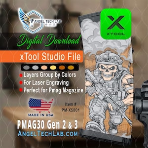 May include: Digital download for laser engraving, featuring a skull soldier design. The image includes the text "xTool Studio File", "Layers Group by Colors", and "Perfect for Pmag Magazine". Made in the USA.